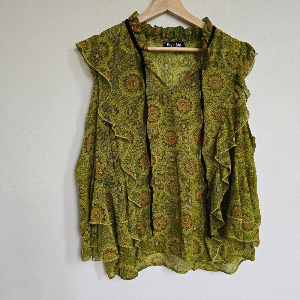 Olive Green Cold-Shoulder Ruffle Blouse - Picture 4 of 15